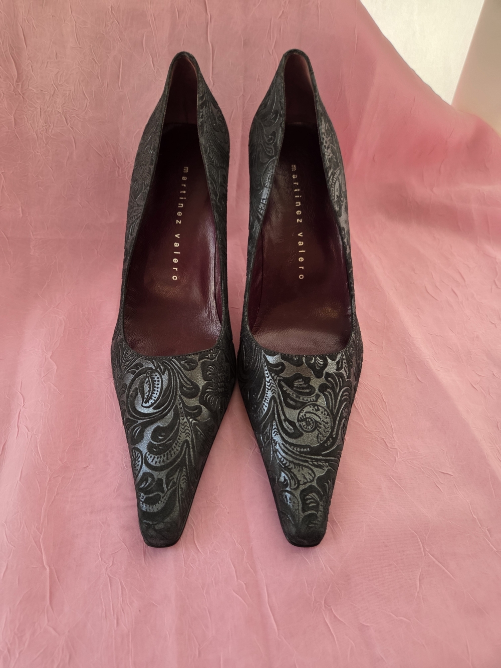 Martinez Valero Black & Grey Velvet Paisley Embossed Pumps Heels Made In Spain 9